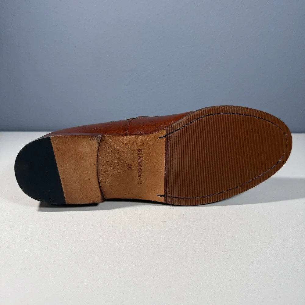 Elanroman Mens Brown Leather‎ Tassel Loafers Apron Toe Shoes Size 46(12.5-13)